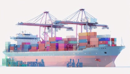 Wall Mural - The image depicts a large cargo container ship docked at a busy port, with cranes actively loading and unloading containers, representing the bustling activity of international trade and shipping.