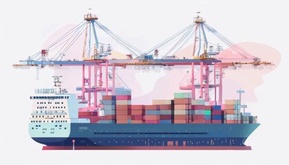 Wall Mural - The image depicts a large cargo container ship docked at a busy port, with cranes actively loading and unloading containers, representing the bustling activity of international trade and shipping.