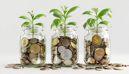 Wall Mural - Collection of glass jars filled with coins, bean sprouts and basil, surrounded by fresh herbs and plants, isolated on white background.