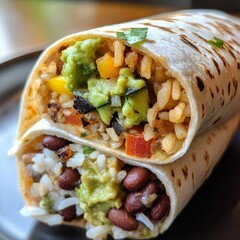 Sticker - A close-up of a delicious burrito with rice, black beans, avocado, and peppers.