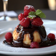 Canvas Print - A close-up of a delicious dessert with chocolate sauce, cheesecake, and fresh raspberries.