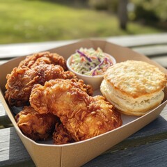 Sticker - A close-up of a fried chicken meal with coleslaw and a biscuit in a brown cardboard box.