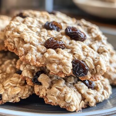 Poster - A close-up of a stack of oatmeal raisin cookies on a grey plate.