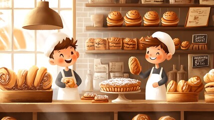 Happy Bakers in a Bakery with Fresh Bread and Pastries