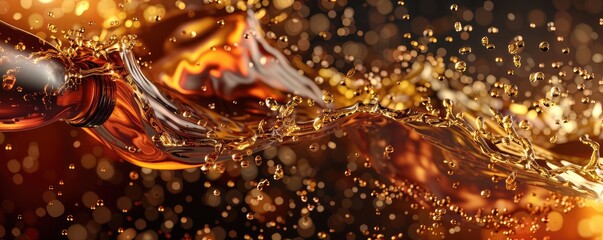 Swirling liquid amber and bubbles creating abstract forms.