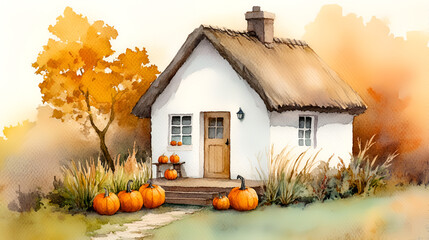 Sticker - Watercolor Illustration of a Cozy Cottage with Pumpkins for Fall Decorations