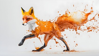 Wall Mural - Energetic Fox Figure Made of Vibrant Liquid Paint on White Background