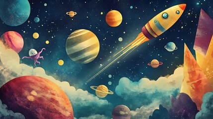 Colorful Rocket and Planets in Space with Stars and Clouds