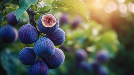 Canvas Print - Ripe Figs on a Branch in Sunlight