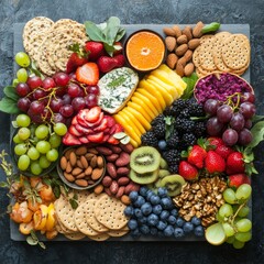 Poster - A colorful and delicious charcuterie board filled with fresh fruit, cheese, nuts, and crackers.