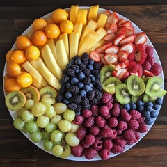 Sticker - A colorful fruit platter with mango, lemons, strawberries, blueberries, raspberries, kiwi, and grapes arranged in a rainbow pattern.