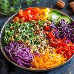 Poster - A colorful rainbow salad with red cabbage, yellow bell pepper, red pepper, cucumber, tomatoes, almonds, black sesame seeds in a brown bowl on a dark surface.