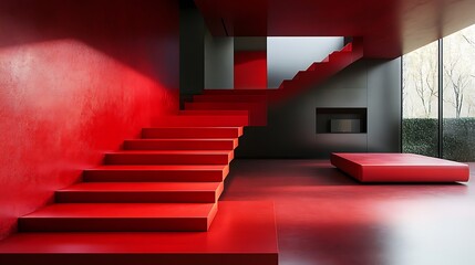 Wall Mural - Red Modern Interior with Staircase and Large Window