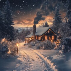 Canvas Print - A cozy cabin in the snowy woods at night, with twinkling lights and smoke rising from the chimney.