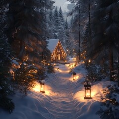 Poster - A cozy cabin nestled in a snowy forest, illuminated by lanterns along a pathway.