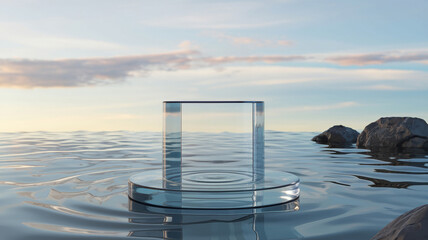 Modern glass structure on calm water, surrounded by rocks under a serene sky at sunset, blending architectural design with nature.