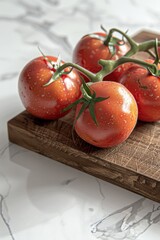 Fresh Vine-Ripened Tomatoes Arranged on Wooden Cutting Board
