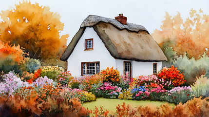 Poster - Charming Watercolor Cottage with a Lush Garden