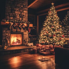 Sticker - A cozy living room with a lit fireplace, decorated Christmas tree, and gifts.