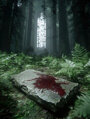 Sticker - Mysterious forest scene with blood-stained rock