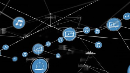 Poster - Network of multimedia icons and connections animation over black background