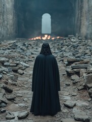 Poster - mysterious figure in dark cloak stands before glowing archway