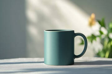 Wall Mural - A simple teal mug on a table, softly illuminated by natural light.