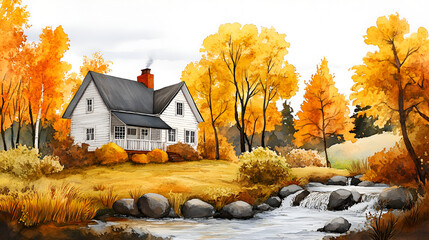 Poster - Watercolor Painting of a Cozy Cottage in Autumn