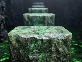 Wall Mural - Textured green stone pedestal with dark background