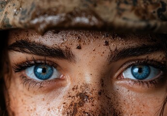 Wall Mural - close-up of person's face with blue eyes and freckles