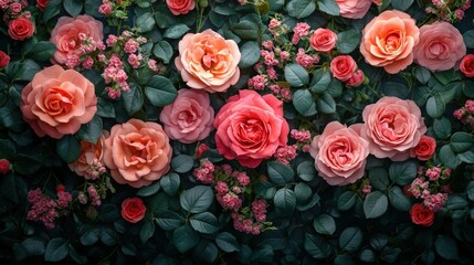 Wall Mural - A close-up shot of a wall of pink and red roses and green leaves.