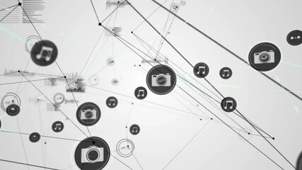 Poster - Music and photo icons connected by lines, network animation over white background