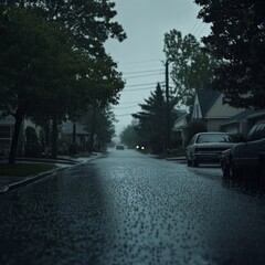 Sticker - A deserted street in a residential neighborhood on a rainy day.