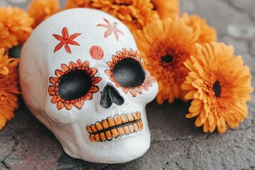 Poster - Decorative skull with orange flowers