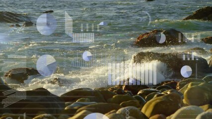 Sticker - Data visualization and analytics animation over rocky seashore with waves