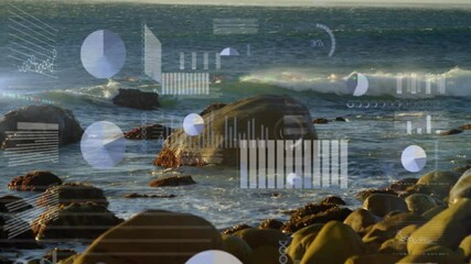 Poster - Data visualization animation over rocky ocean shoreline