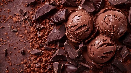 On a backdrop of dark brown there are chocolate shavings and dark chocolate ice cream