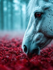 Canvas Print - Striking close-up of a horse's eye in a field of red flowers