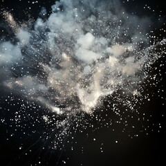 Poster - A dramatic close-up shot of a firework explosion against a dark night sky, with white and grey smoke and sparks.