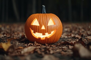 Wall Mural - Glowing jack-o-lantern on autumn leaves