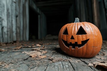 Poster - Spooky halloween jack-o-lantern pumpkin on dark wooden floor