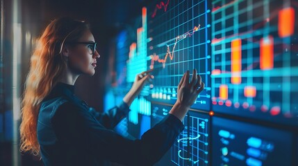 Poster - Businesswoman with Interactive data visualization digital screen for Future Financial Investment data analysis modern technology concept.
