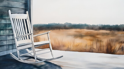 Poster - Watercolor Painting of a Rocking Chair on a Porch Overlooking a Field