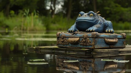 Wall Mural - On a calm pond a blue monster statue lies on a treasure box