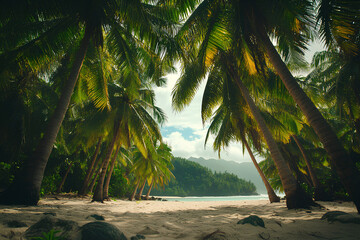 Wall Mural - Natural tropical background of green coconut trees around sand and rocks