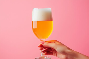 woman holding glass of beer on pink background