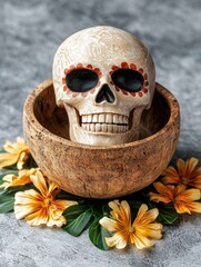 Wall Mural - decorative skull in a wooden bowl surrounded by flowers