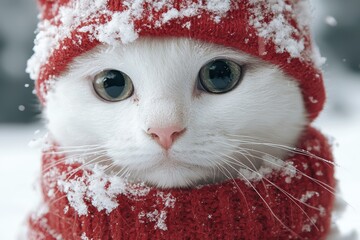 Poster - Adorable white cat in red knitted hat covered in snow