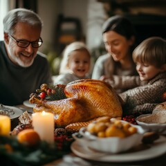 Sticker - A family gathers around a table, celebrating a special occasion with a roasted turkey and candles.