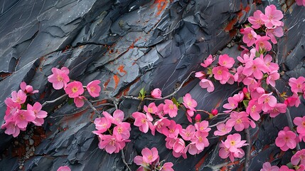 On a cliffside floor pink blooms that occur with leaf color